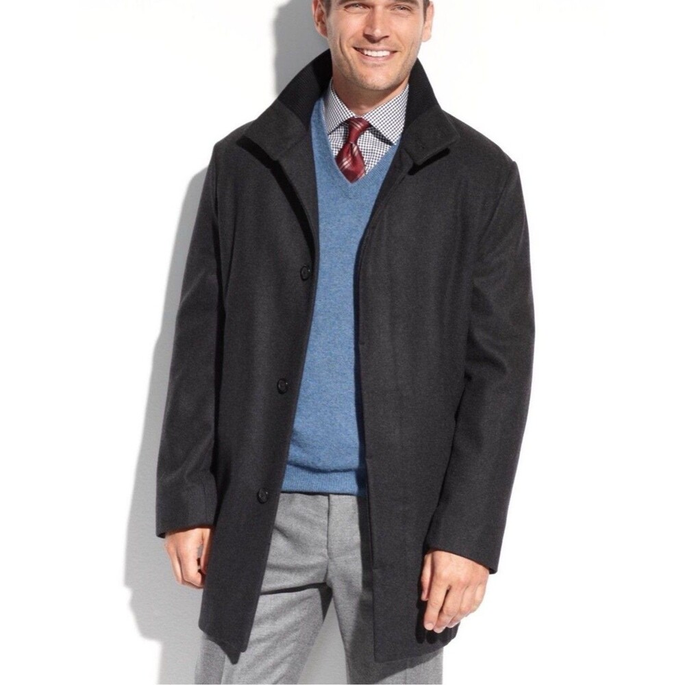 Perry Ellis Portfolio Mens Wool Blend Winter Coat Black Heavy Overcoat Trench L